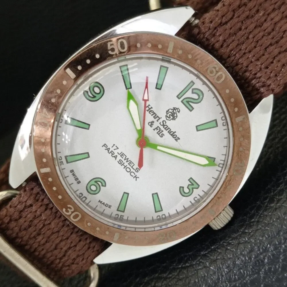 Vintage 1973 Henri Sandoz Manual Mens Silver Watch W/Nato Strap - Picture 1 of 9